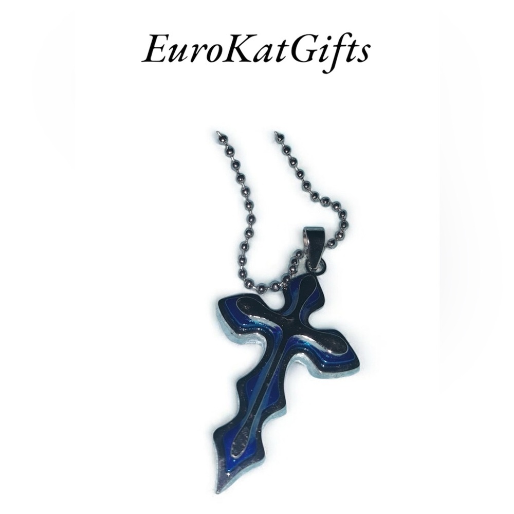 Stainless Steel Blue Cross Pendant Necklace  Silver Stainless steel chain NEW
